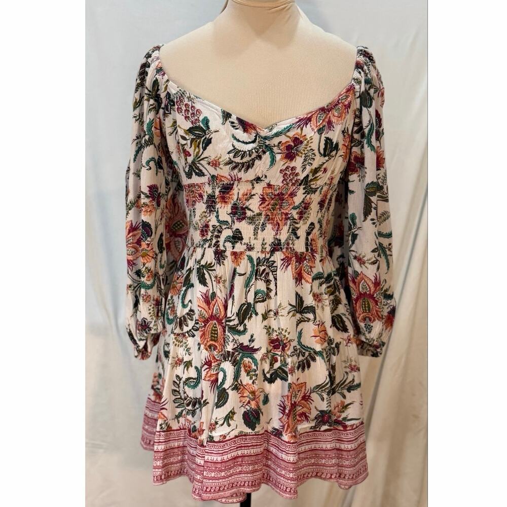 Angie Floral Smocked Bodice Mini Dress Medium Puff Sleeve Boho Cottagecore Ivory